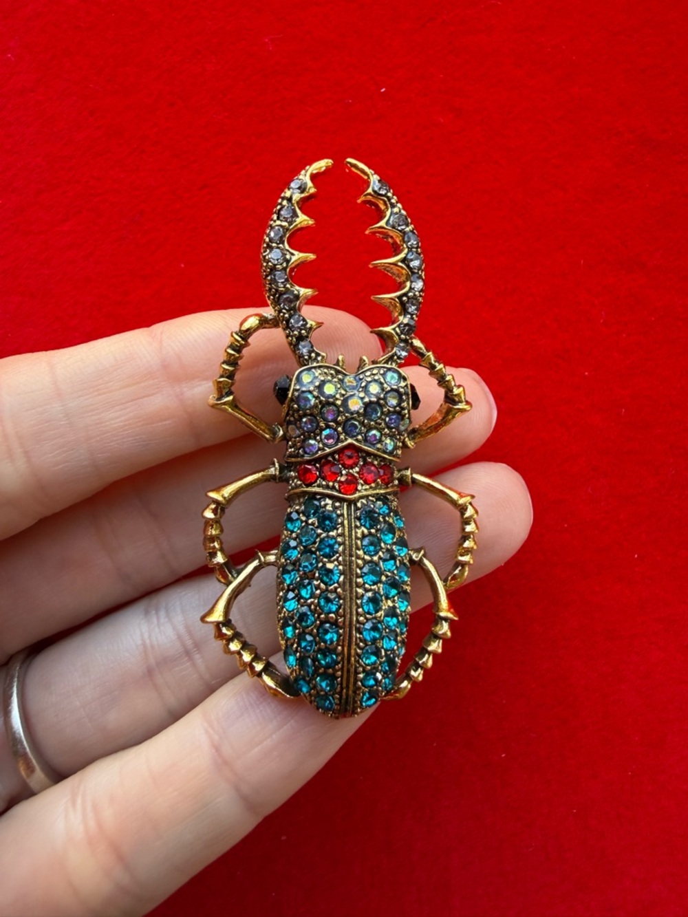 Anthropologie Gold-Tone Beetle Brooch with Teal and Red Crystals